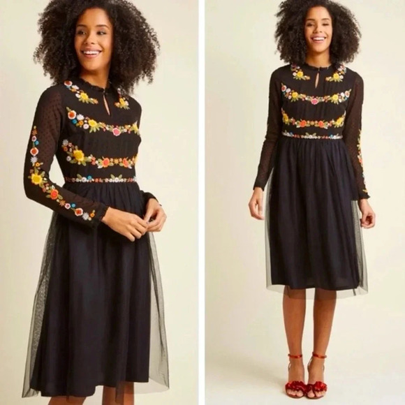 ModCloth | Folklore Embroidered Long Sleeve Dress - Size S - Picture 1 of 8